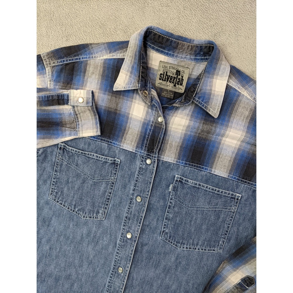 Levi Strauss Co Silver Tab Mens Medium Denim & Plaid Western Shirt Pearl Snap‎